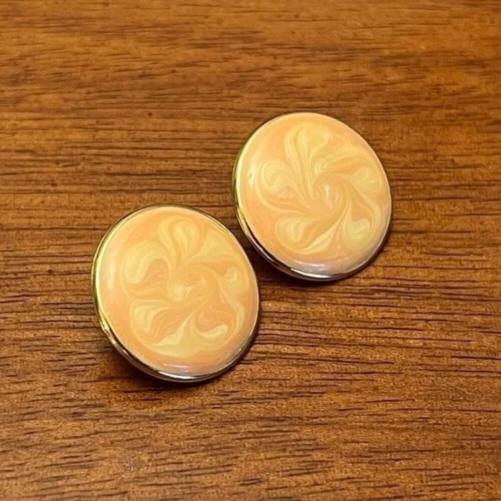 80s Vintage Button Earrings Orange Cream Swirl Circle Studs